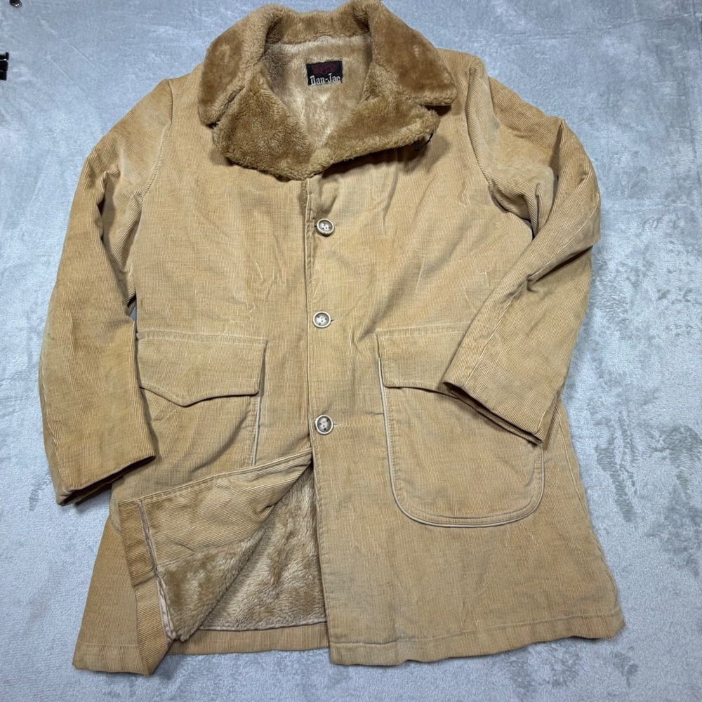 Vintage DanJac Tan Corduroy Faux Fur Lined Car Coat Ranch Jacket Mens 42 60s 70s